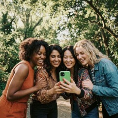 Fototapeta premium Diverse group of young women smiling and laughing together taking a selfie in a sunlit park