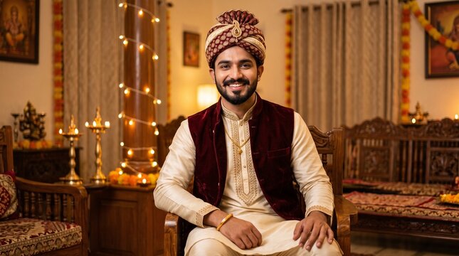Smiling handsome Indian groom wearing traditional wedding sherwani and decorated turban celebrating cultural festival inside brightly lit home interior