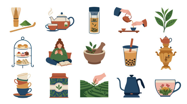 Flat Design Tea Time Icons  Elements - Matcha, Tea Sets, Bubbble Tea, Samovar