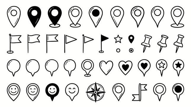 Minimalist map pin icons, hand drawn location markers set, black outline navigation symbols, 40 vector map elements for web design