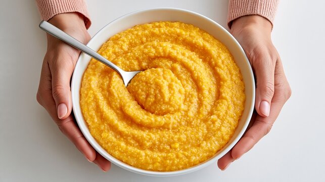 Two hands hold a white bowl filled with yellow cornmeal mush or grits on a plain background.