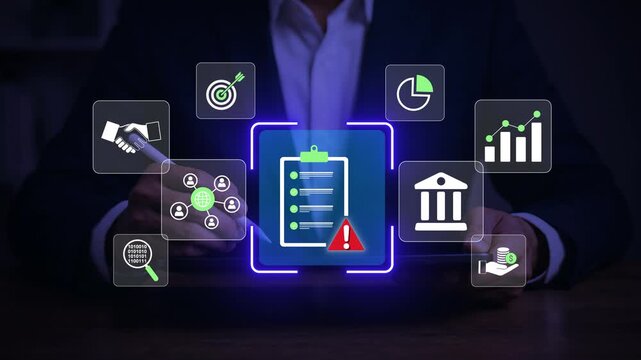 Business Compliance and Risk Management Concept with Digital Checklist, Analytics and Financial Strategy