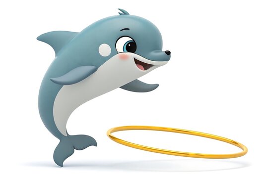 Cartoon dolphin jumping through yellow hoop with happy expression