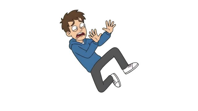 A terrified 2D cartoon boy slipping and falling backward with wide eyes and open mouth, isolated on a clean white background. Ideal for risk management presentation graphics, safety warning videos, fa