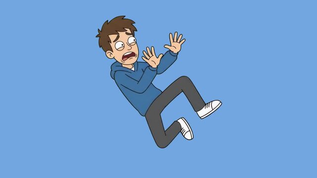 A panicked 2D cartoon young man in a hoodie falling backward with hands raised in fear, isolated on a light blue background. Perfect for accident awareness clips, failure concepts, shock and danger re