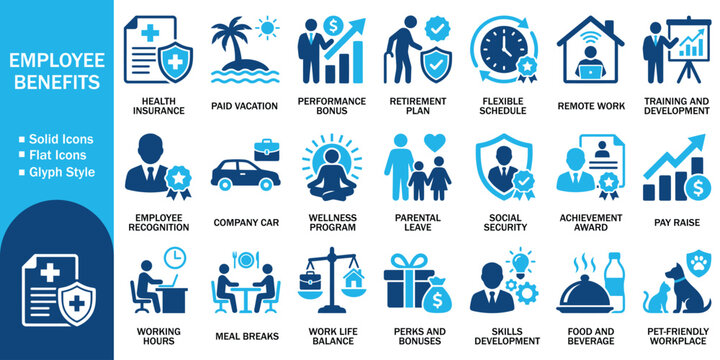 Employee benefits solid icon set vector illustration. Human resources compensation symbol collection featuring health insurance, paid vacation, bonus, remote work, and perks glyphs.