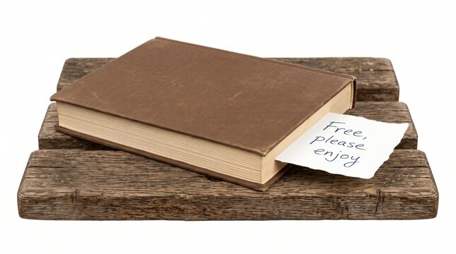 A brown hardcover book sits on rustic wooden planks with a handwritten note saying free please enjoy tucked inside, isolated on white.