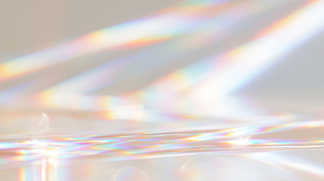 虹色に屈折するプリズム光と輝く光芒の幻想的なパステル背景 Soft pastel background with refracted rainbow prism light and sparkling lens flare