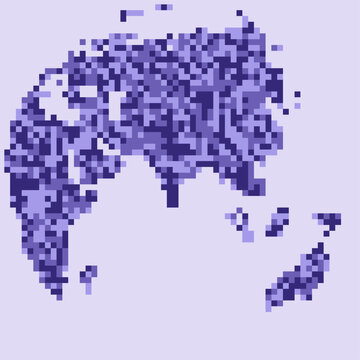Pixel Arcade Commodore South Asia Pixel Block Mosaic World Map Showing colored square blocks arranged in a grid Across Continents for Blushing Refined Creative Art Poster Print and Wall Decor