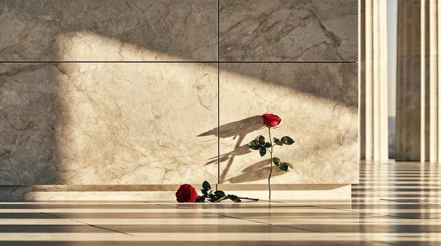Wide shot of a minimalist marble war memorial wall glowing in soft morning sunlight, single red rose placed at the base, quiet atmosphere, honor and respect, copy space