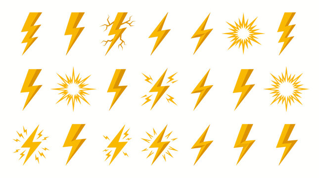 Yellow lightning bolt icons set, flat electric strike vector collection, 21 thunderbolt symbols for energy and power branding