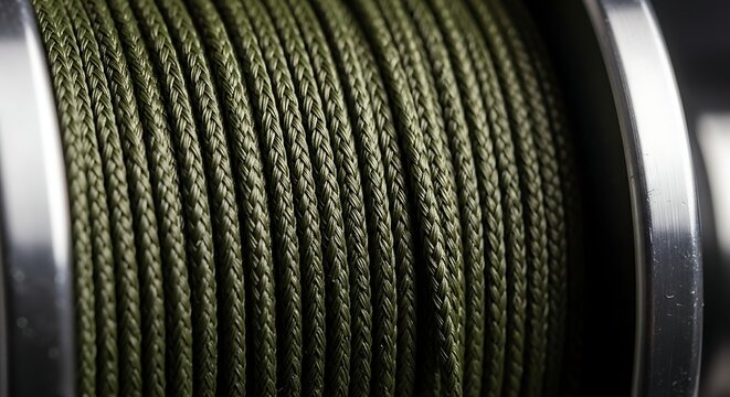 Close Up Of Braided Green Fishing Line Spooled On Metal Reel