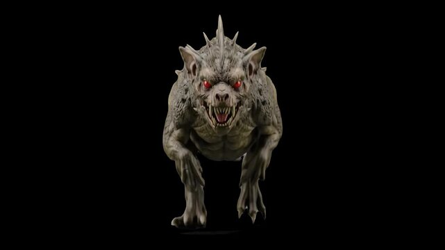 A ferocious 3D Chupacabra creature with sharp back spikes and red glowing eyes charging forward, isolated against a solid black background. Perfect for cinematic horror teasers, dark fantasy sequences