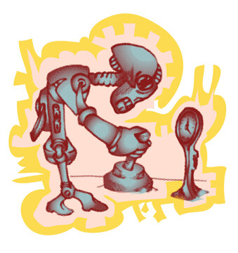 Futuristic Alien Cyborg Operating Machinery Next to Melting Clock Vector