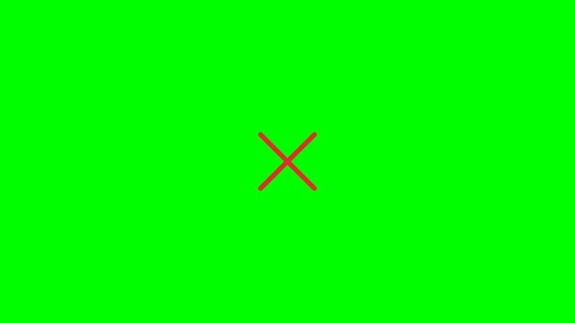 An animated hand-drawn red cross (X) symbol sketching itself smoothly on a bright green screen background, built with pure JavaScript.