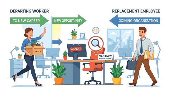 Employee Turnover and Recruitment Process Illustration with New Hire