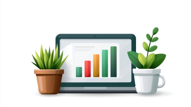 Modern laptop with colorful bar graph surrounded by indoor plants in stylish pots, representing growth, productivity, and a healthy workspace environment