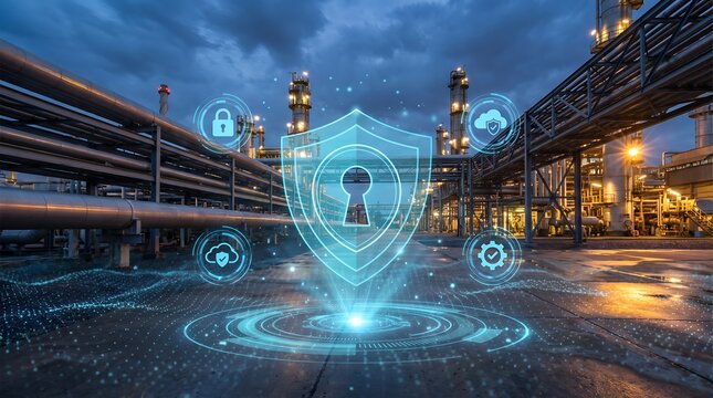 Industrial cybersecurity shield over modern refinery factory representing critical infrastructure protection and operational technology safety.