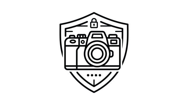 Secure camera icon with protective shield and lock.