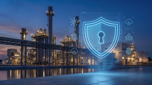 Data security shield protecting modern power plant infrastructure illustrating industrial network defense and facility cyber risk management.