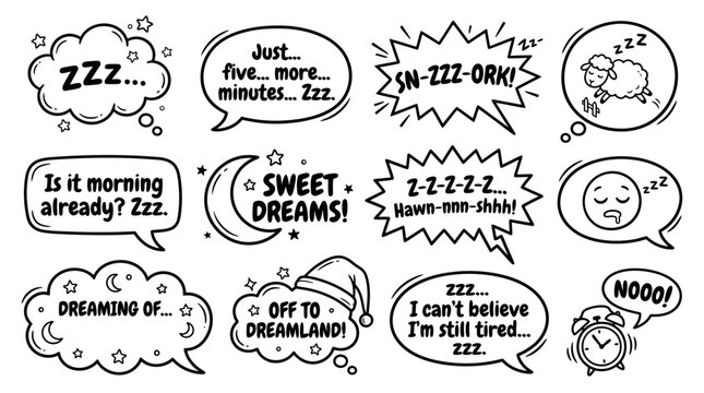 Hand-drawn sleep speech bubbles set, comic style zzz snoring and dreaming icons, 12 black and white bedtime doodles for social media