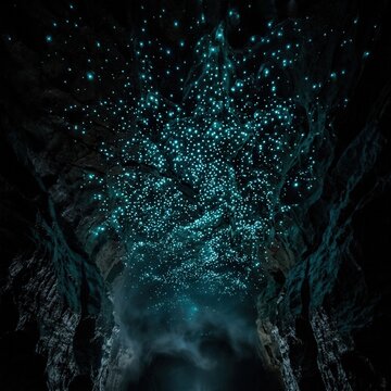 Bioluminescent glow worms illuminate a dark subterranean cavern ceiling creating a spectacular starry night effect inside this wet rocky cave