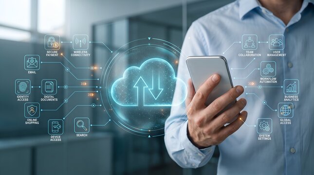 Enterprise digital transformation workflow concept with mobile cloud architecture diagram and interconnected business system icons on smartphone.