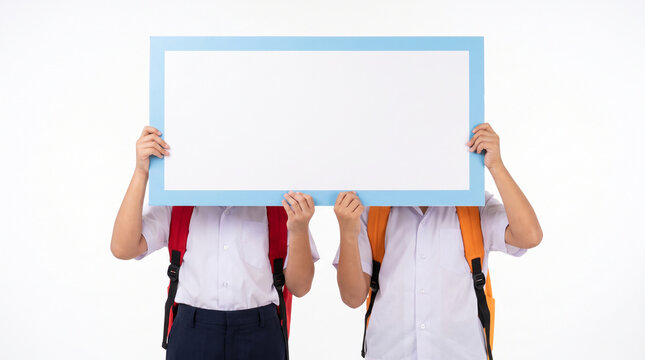 Two students holding a blank sign for copy space isolated on white background