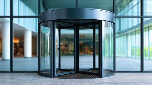 Modern glass revolving door entrance to a contemporary building with clear glass panels and sleek design showcasing urban architecture and accessibility features