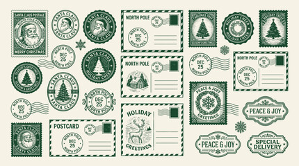 Vintage Christmas postage stamps and North Pole mail labels. Retro green holiday postmark vector set. Santa Claus and winter tree stamps. © Mr icons