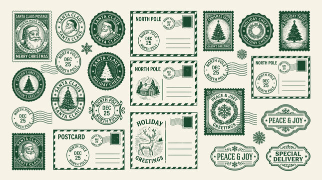 Vintage Christmas postage stamps and North Pole mail labels. Retro green holiday postmark vector set. Santa Claus and winter tree stamps.