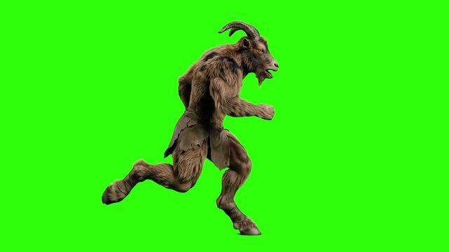 A mythological 3D faun satyr creature with goat horns and hooves running forward, isolated against a bright chroma key green screen background. Perfect for fantasy movies, video game cinematic overlay