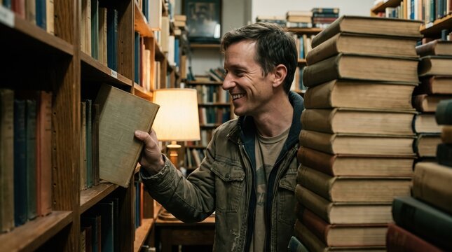 A man smiles while selecting a book from a wooden shelf in a cozy library. The scene represents intellectual curiosity and quiet leisure. Ideal for academic or lifestyle projects.