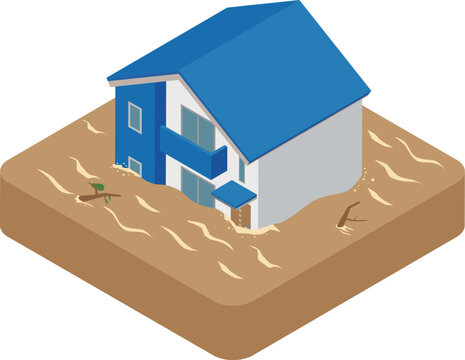 洪水による被害を受ける住宅のイラスト