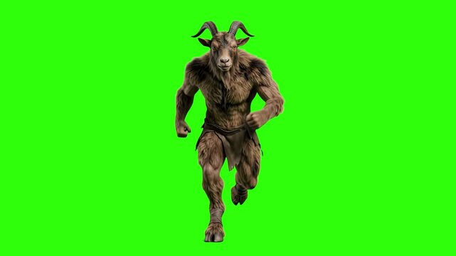 A fierce 3D fantasy horned goat-man monster, minotaur, or satyr running aggressively forward, isolated on a solid green chroma key background. Ideal for action RPG video games, mythical creature battl