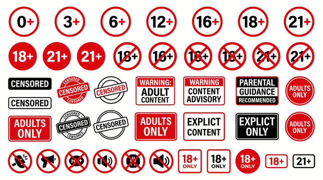 Parental advisory age rating icons, adult content warning labels and censored stamps, red and black restriction sign vector set