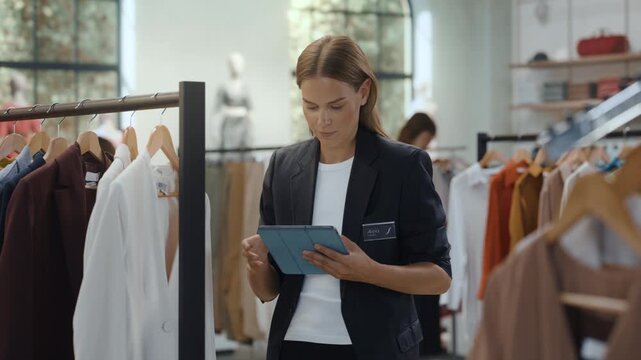 Shopping at Clothing Store Sales Associate Working With a Digital Tablet Beside the Rails. Woman Reviewing Items on Hangers, Typing on the Screen and Updating Stock Records in a Shop