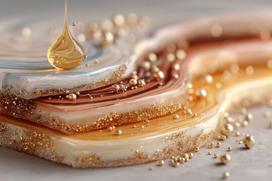 Luxurious Honey Drop on Geode Slice, Golden Bee Sting and Gold Glitter, Elixir Texture, Abstract Background, Rich Food Concept, Macro Photography
