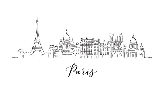 Minimalist Line Drawing of Paris Skyline Featuring Iconic Landmarks and Elegant Script