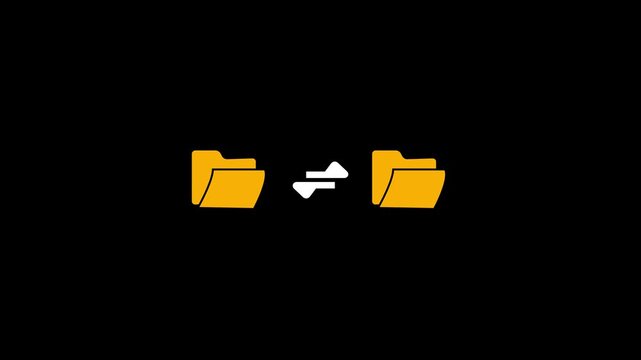 File synchronization animation with yellow folders and data transfer for technology and cloud computing concepts.Animated data sync file folder transfer and synchronization concept.