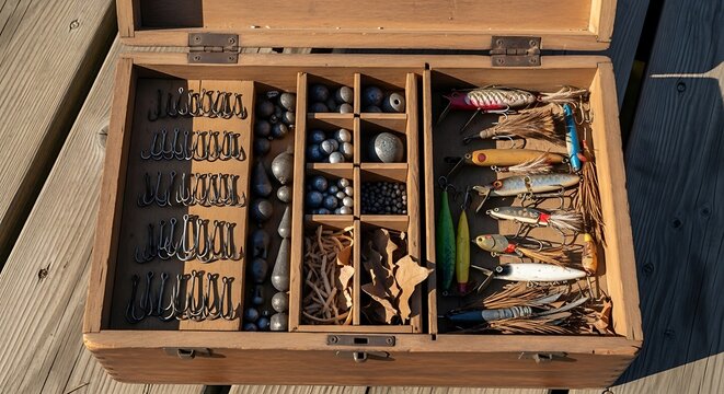 Fishing Tackle Box with Lures, Hooks, and Weights Organized for Anglers