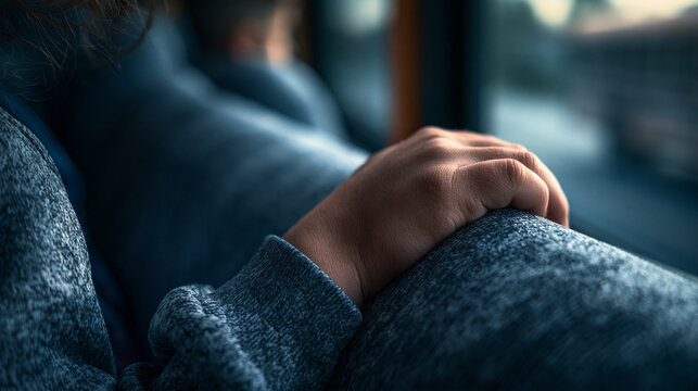 Gentle human hand resting softly upon a textured grey fabric surface while traveling in a train capturing a calm moment of solitude and peaceful reflection