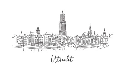 Fototapeta premium Minimalist line drawing of Utrecht cityscape showcasing iconic churches and historic architecture in a simplified artistic style