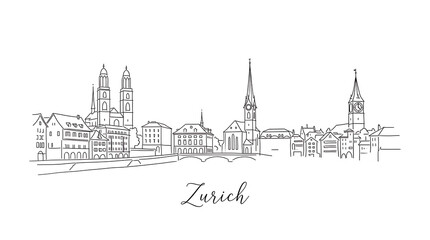 Fototapeta premium Elegant Line Drawing of Zurich's Historic Cityscape Featuring Diverse Architectural Landmarks and Iconic Church Spires