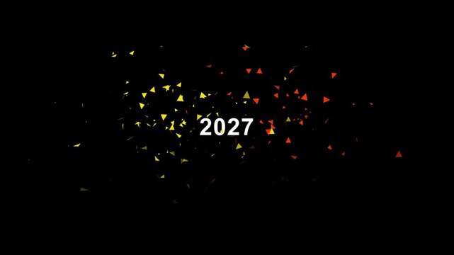 Scrolling time line 2027 text animation on black background. Festive design for new years eve celebration.Colorful confetti particles falling on black screen background for celebration overly party.