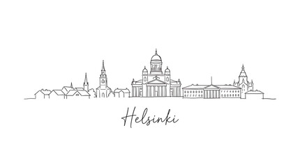 Obraz premium Minimalist Linear Illustration of Helsinki Skyline Featuring Iconic Architectural Landmarks and Cityscape in Fine Line Art Style