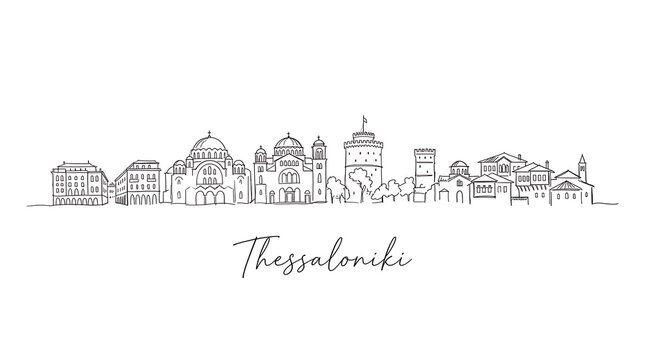 Minimalist black and white illustration of Thessaloniki city's skyline featuring iconic landmarks and diverse architecture in a