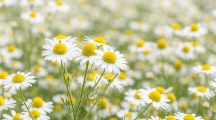 Fototapeta premium Detailed macro view of white chamomile flowers in a field