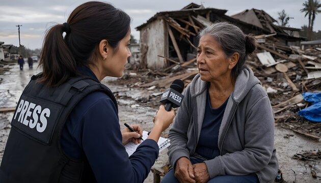 Journalist interviewing elderly survivor in destroyed disaster zone