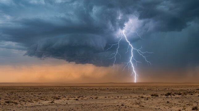 Powerful lightning strike illuminates dark stormy clouds above the dry vast desert landscape during a dramatic and intense weather event